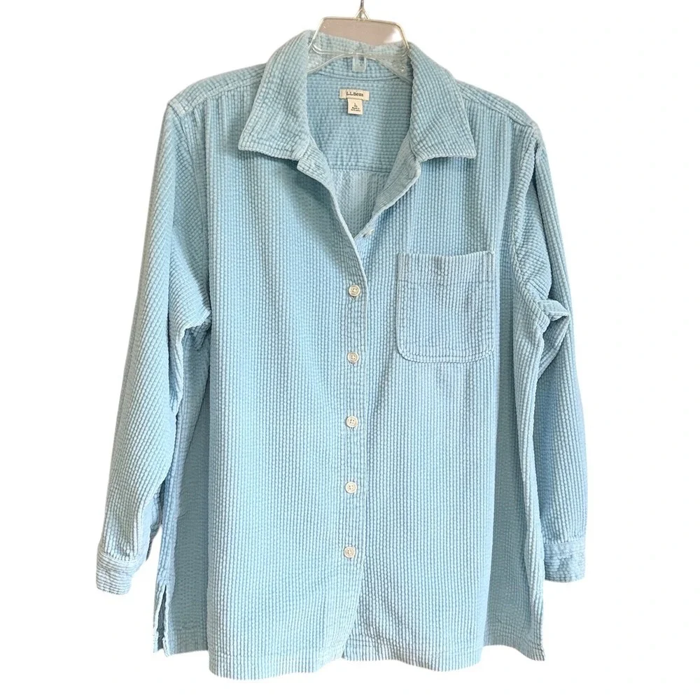 LL Bean Womens Large Light Blue wide wale Corduroy Button Down Shirt Cotton - Picture 1 of 9
